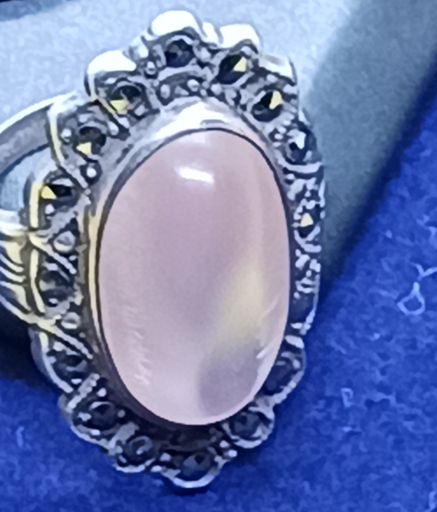 Elongated Oval Rose Quartz and Marcasite in Sterling Silver Ring